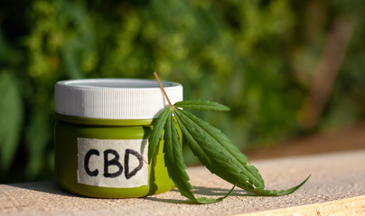 Hemp CBD cream, medical marijuana and cream in jar, legal light medicines prescribe, alternative...