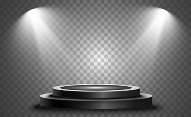 Round podium, pedestal or platform, illuminated by spotlights in the background. Vector illustration. Bright light. Light from above. Advertising place