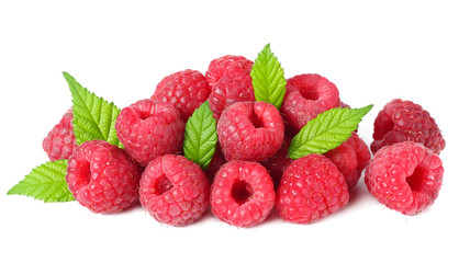 ripe raspberries with green leaf isolated on white background macro