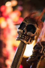 Totenkopf auf einem Holzstock mit Bokehlichtern
