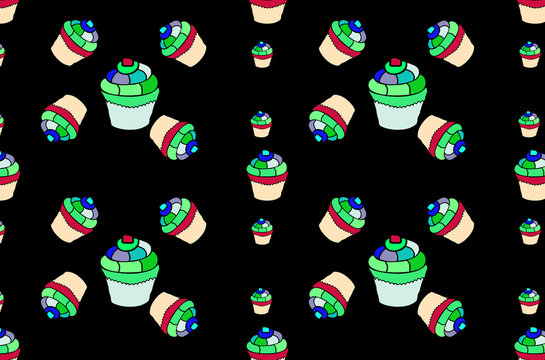 seamless cupcakes pattern on black