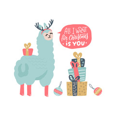 Cute llama Christmas card with lettering inscription - All I want for christmas is you - in speach bubble. New Year greeting card. Alpaca puts on deer horns for fun