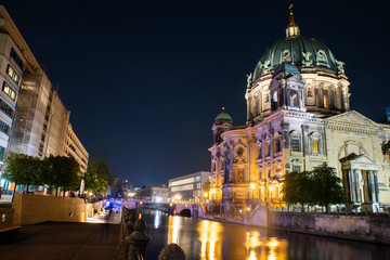 The Berliner Dom, also know as Berlin Cathedral, sits quietly along the Spree at night. 