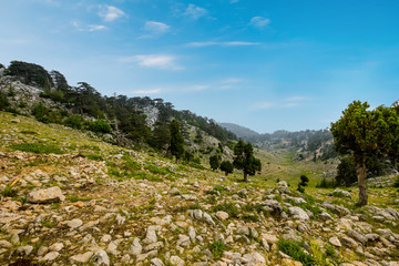 Panoramic view from the peak of Tahtali, also known as Lycian Olympus, a mountain near Kemer, a seaside resort on the Turkish Riviera in Antalya Province, Turkey