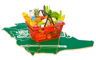 Market basket or purchasing power in Saudi Arabia concept. Shopping basket with Saudi Arabian map, 3D rendering