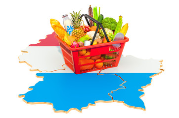 Market basket or purchasing power in Luxembourg concept. Shopping basket with Luxembourgish map, 3D rendering