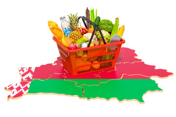 Market basket or purchasing power in Belarus concept. Shopping basket with Belorussian map, 3D rendering