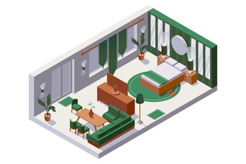 Vector concept isometric 3d interior scene with family double hotel room number with wooden furniture abd green fabric decoration. Suite for two persons with large bed and sofa.
