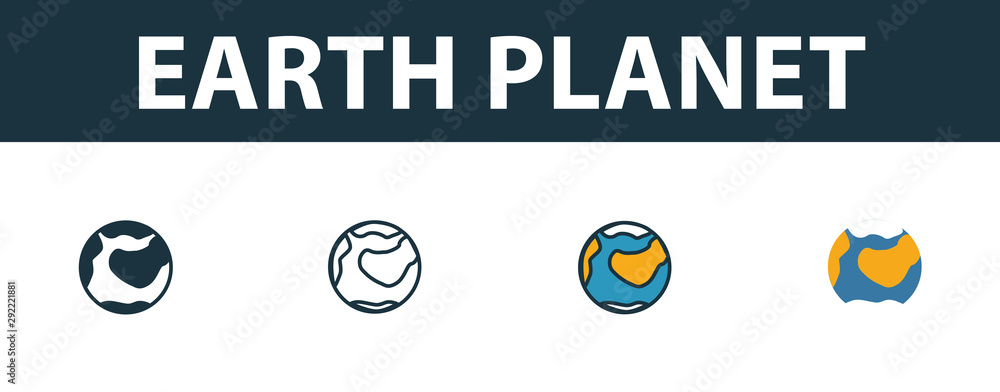 Poster earth planet icon set. four simple symbols in diferent styles from space icons collection. creative 