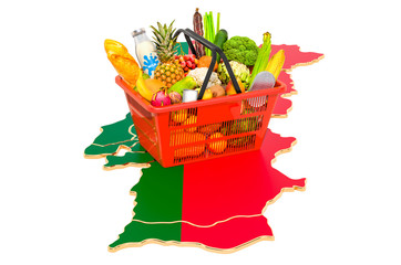 Market basket or purchasing power in Portugal concept. Shopping basket with Portuguese map, 3D rendering