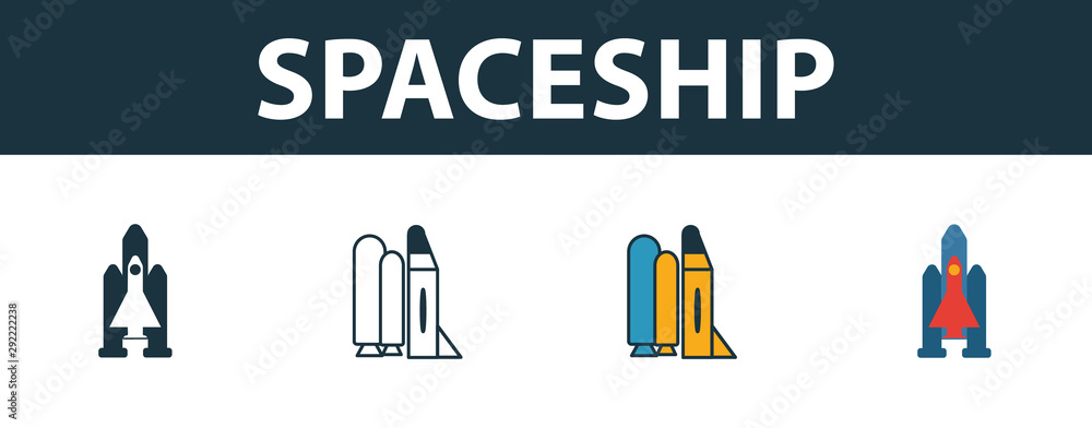 Poster spaceship icon set. four simple symbols in diferent styles from space icons collection. creative spa