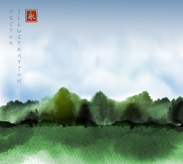 Ink wash painting with green  forest and cloudy sky. Traditional Japanese ink wash painting sumi-e. Hieroglyph - eternity