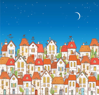 Illustration with doodle cartoon colored houses on blue sky background.