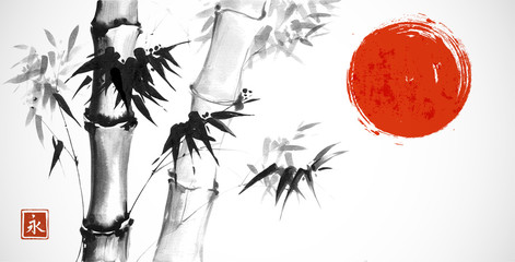 Bamboo and red sun on white background. Traditional Japanese ink wash painting sumi-e. Hieroglyph- eternity