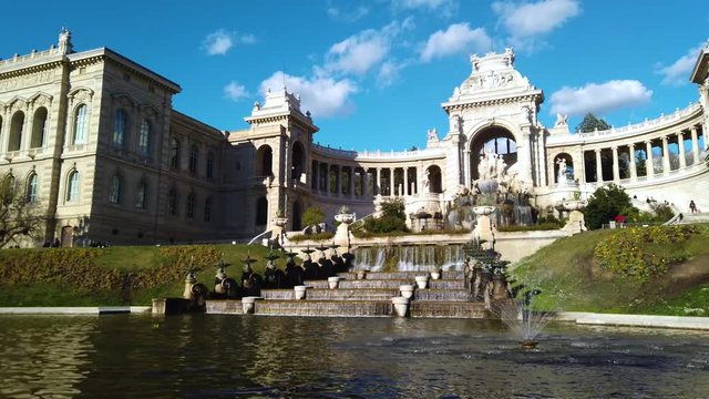 Marseille city, France. Panorama of Longchamp Palace. UHD 4K cinematic stock footage about French Riviera, Mediterranean Coast, South European life, travel, culture.