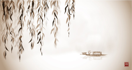 Willow tree and little boat in water. Traditional Japanese ink wash painting sumi-e in vintage style. Hieroglyph - eternity.