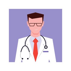 Smiling doctor in glasses with stethoscope. Vector illustration. Flat design