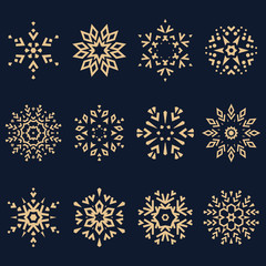 Snowflakes icon collection. Graphic modern gold and dark blue ornament