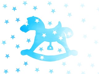 Cute blue rocking horse silhouette with stars painted watercolor illustration. Isolated on white. Concept for baby boy. Design fabric, dishes, posters, clothes. 