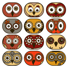Twelve funny owl faces in oval shapes