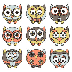 Nine funny owls in oval shapes