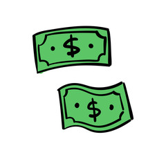 Dollar bill doodle. Cash money symbol. Hand drawn illustration.