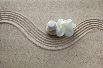Poster de jardin Pierres dans le sable Notion de spa. Fleur et pierres sur le sable