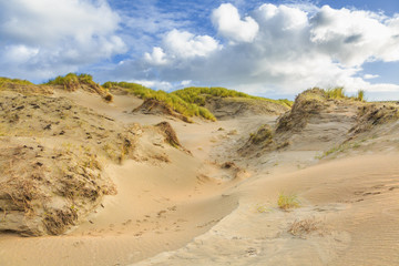 Dune valleys with deep wind holes carved out by heavy storm with swaying marram grasses with scattered clouds against blue sky