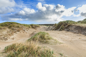 Dune valleys with deep wind holes carved out by heavy storm with swaying marram grasses with scattered clouds against blue sky