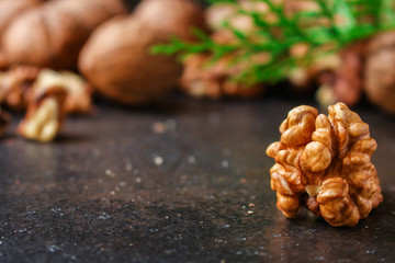 Walnuts, tasty and healthy (Kernels, whole nuts) menu concept. food background. copy space. Top view