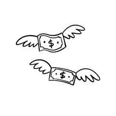 Dollar bill with wings doodle. Flying money. Hand drawn illustration.