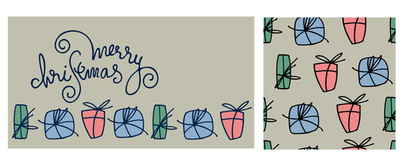 Christmas set with greeting card and seamless pattern. Hand lettering, multicolored gift packages on gray background