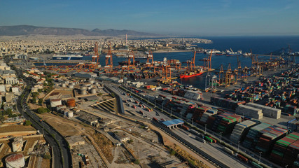 Aerial top down photo of containers in ship port for business Logistics and transportation of Container Cargo, logistic import export and transport