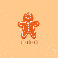 Cute gingerbread man cookie. Funny vector greeting card. Christmas winter mood. Hand drawn trendy illustration. Cartoon style. Flat design. Tasty baking