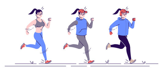 Running woman flat vector illustration. Sports training all year round. Jogging caucasian girl in different seasonal sportswear isolated cartoon characters with outline elements on white background