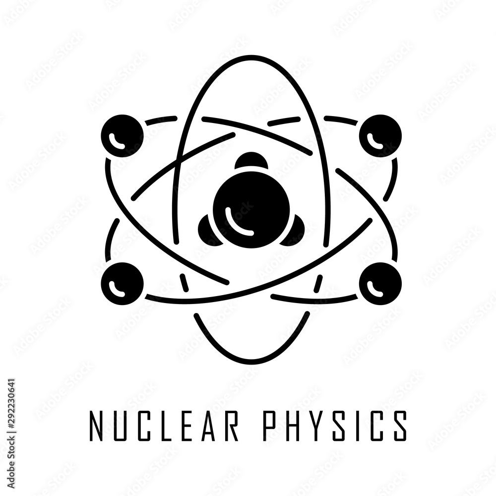 Poster nuclear physics glyph icon. atomic structure model. electrons, neutrons and protons. subatomic molec