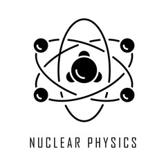 Fototapeta premium Nuclear physics glyph icon. Atomic structure model. Electrons, neutrons and protons. Subatomic molecular particles. Atom core elements. Silhouette symbol. Negative space. Vector isolated illustration