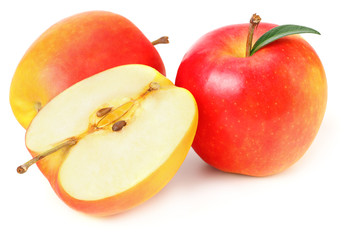 red apples with slices and green leaves isolated on a white background