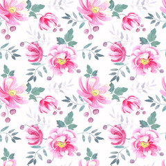 Fototapeta na wymiar Seamless pattern with wild pink roses , elegant pastel floral elements on a white background. .Hand painted in watercolor.