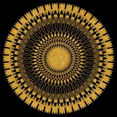 golden circular glittery mandala isolated on black with intricate elegant decoration and glitter texture. luxury mandala background and template