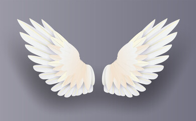 3D white realistic layered.Creative paper cut and craft style.Minimal angel wings on isolate background.Happy Valentines day decoration for greeting card.Collection angle flying vector.illustration.