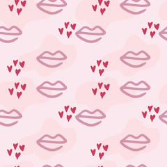 Abstract contemporary seamless pattern. Trendy wallpaper with lips and hearts in pink colours. Doodle style. Modern textile, branding, packaging, wrapping paper.