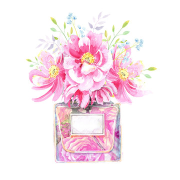 Vintage perfume bottle and pink wild  roses, leaves, floral elements. Isolated element on a white  background Hand painted in watercolor .