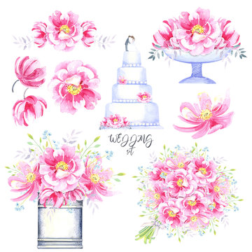Clip art set with wedding cake, floral compositions , pink wild  roses, leaves, floral elements. Isolated elements on a white  background Hand drawn in watercolor . Stock illustration