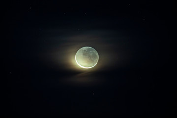Waxing crescent moon as seeing from the southern hemisphere. Amazing the moon rough surface full of...