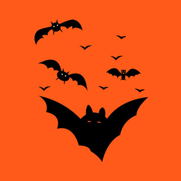 Bats vector set isolated on orange background. Dark silhouettes of bats flying in a flat style.