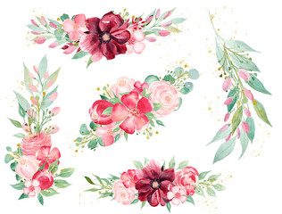 Blooming flora hand drawn watercolor raster illustrations set