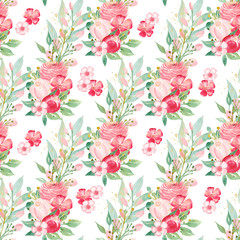 Flourishing spring flowers bouquet seamless watercolor raster pattern