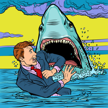 The shark attacks the businessman. Man afraid