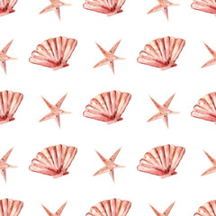 Tropical seashell and starfish seamless watercolor raster pattern